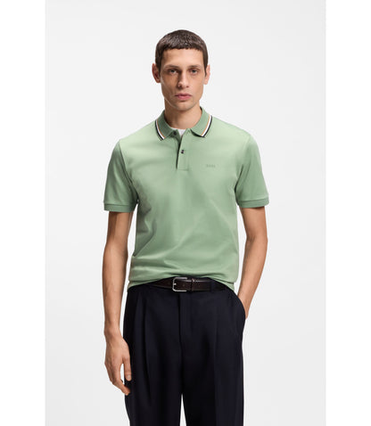Boss Slim Fit Cotton Polo Shirt With Striped Collar Light Green