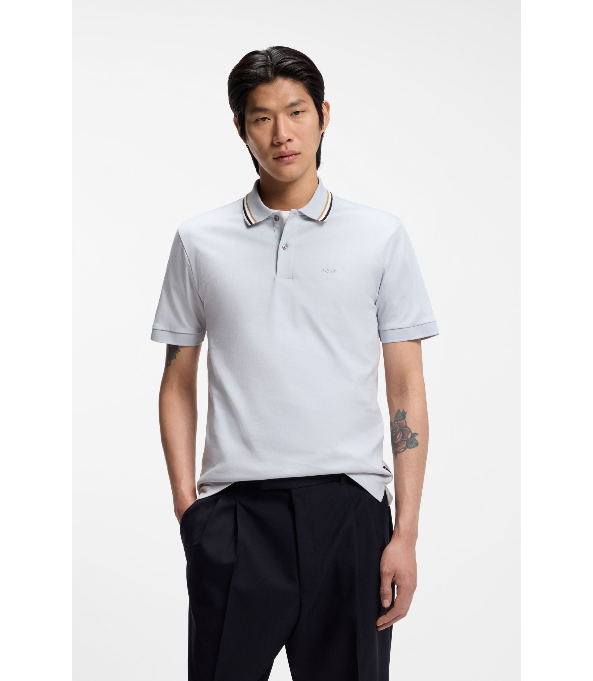 Boss Slim Fit Cotton Polo Shirt With Striped Collar Light Purple