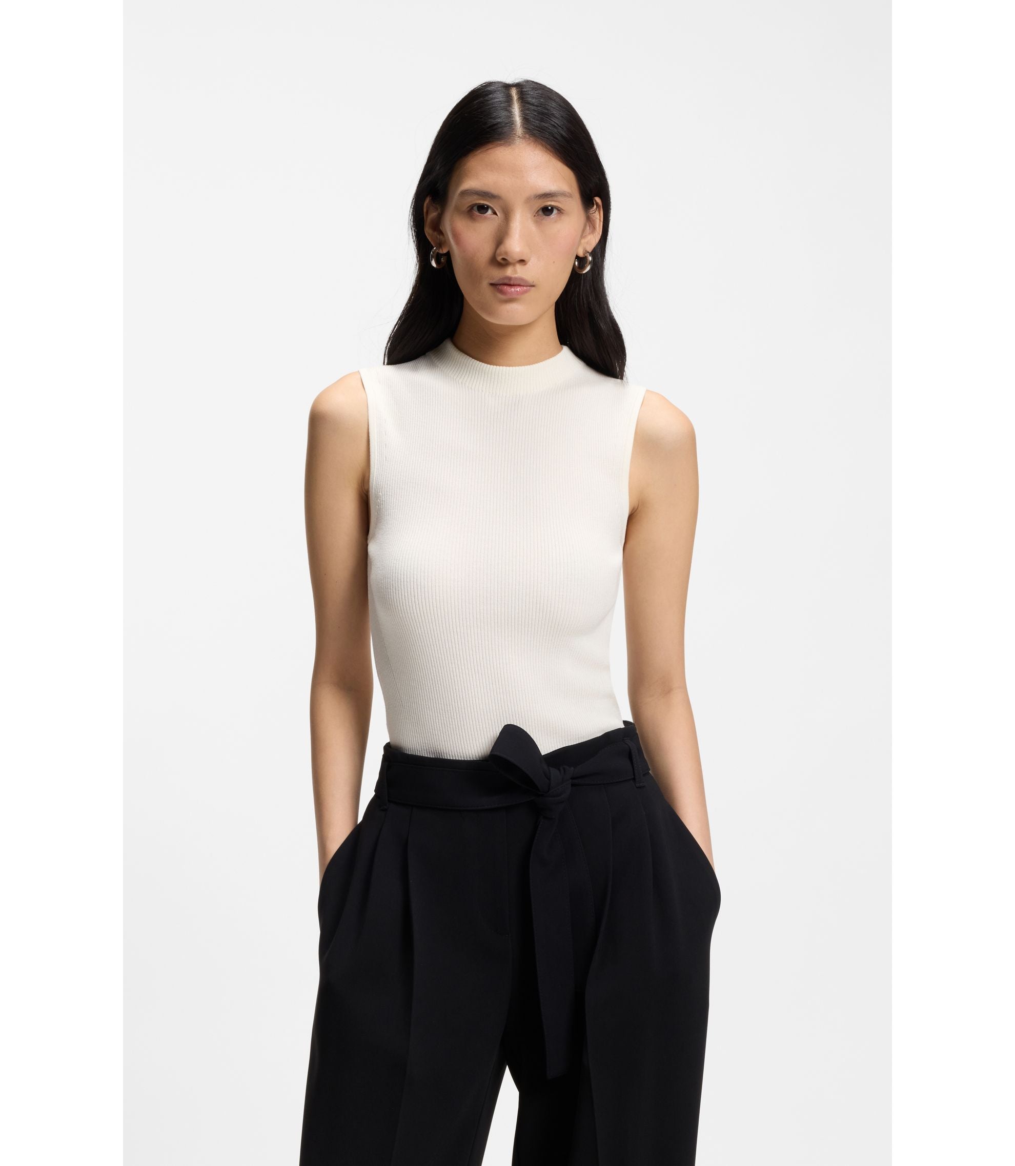 Boss Ribbed Top With Mock Neckline White Women's