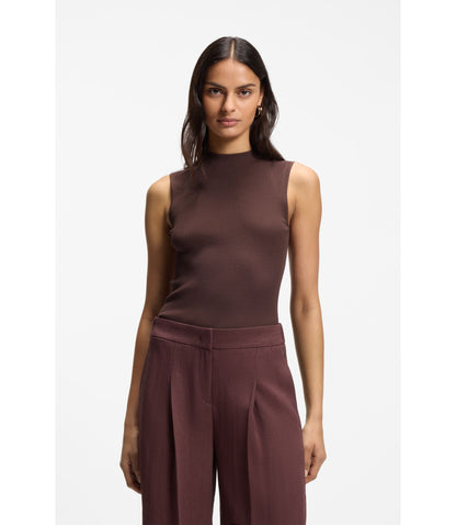 Boss Ribbed Top With Mock Neckline Dark Brown Women's