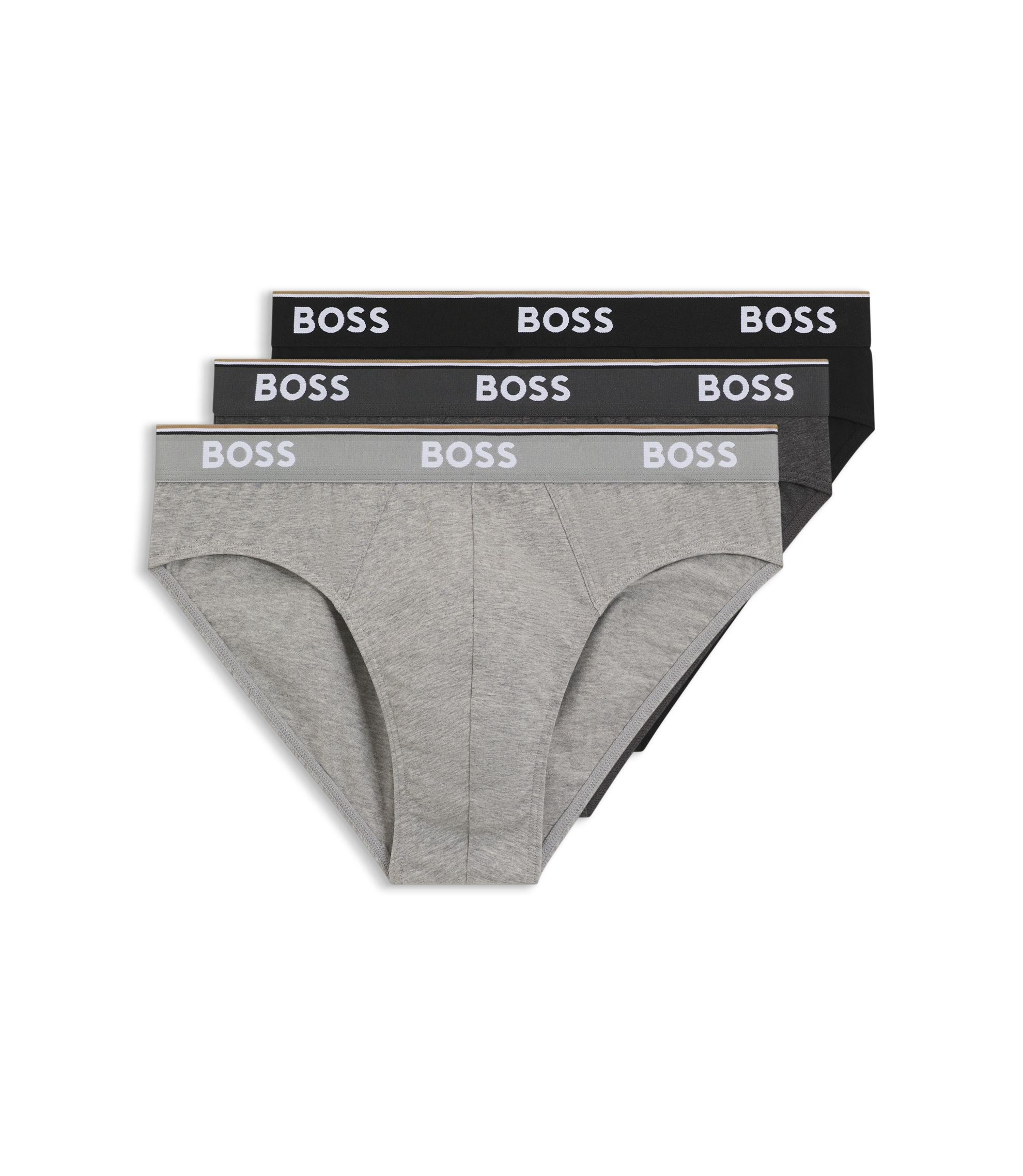 Boss Three Pack Of Stretch Cotton Briefs With Logo Waistband Light Grey