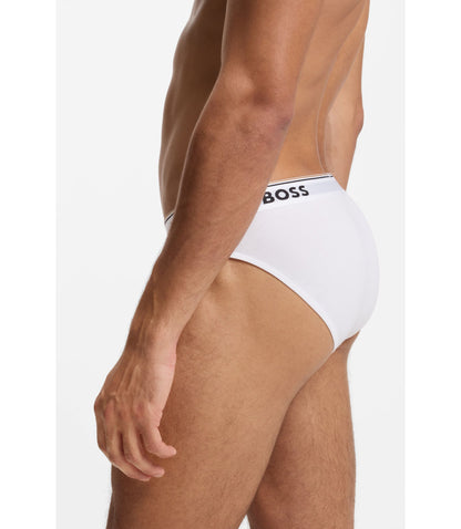 Boss Three Pack Of Stretch Cotton Briefs With Logo Waistband White