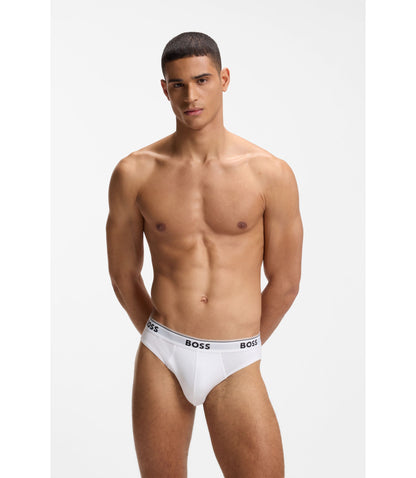 Boss Three Pack Of Stretch Cotton Briefs With Logo Waistband White