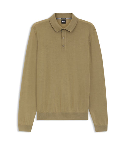 Boss Knitted Polo Sweater In Virgin Wool Khaki