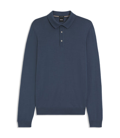 Boss Knitted Polo Sweater In Virgin Wool Light Blue