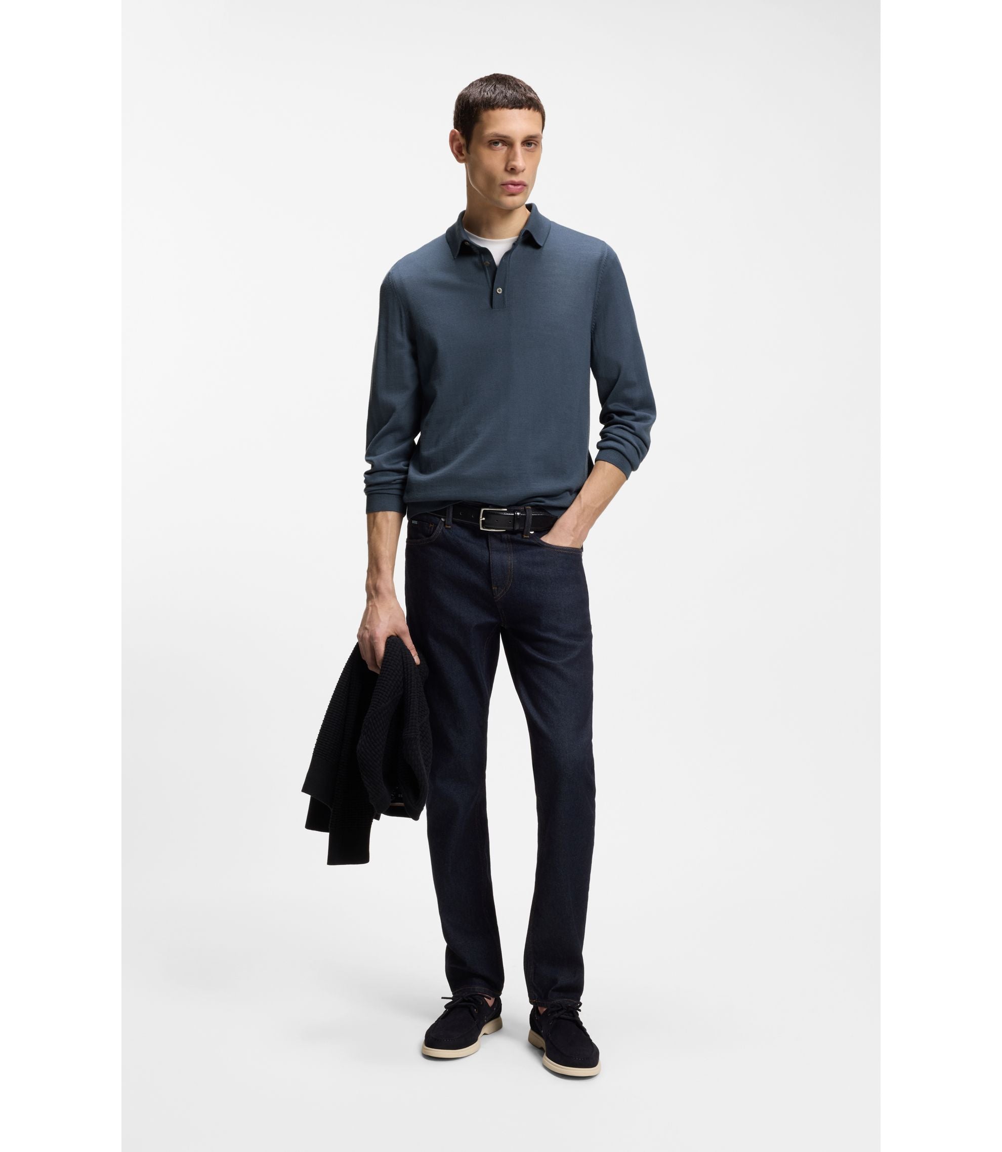 Boss Knitted Polo Sweater In Virgin Wool Light Blue