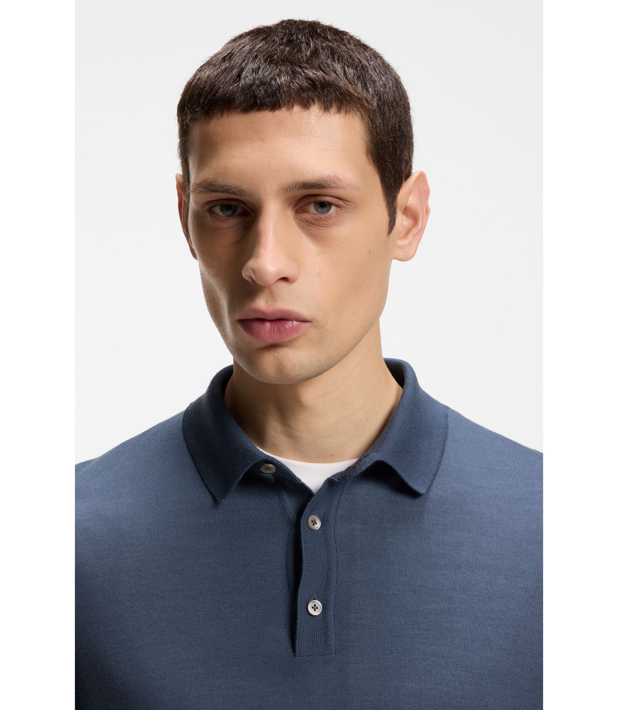 Boss Knitted Polo Sweater In Virgin Wool Light Blue
