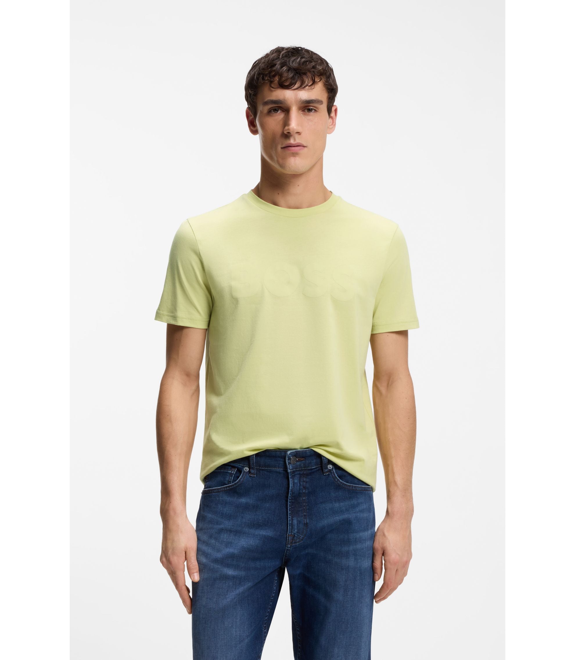Boss Cotton Jersey T Shirt With Large Logo Print Beige
