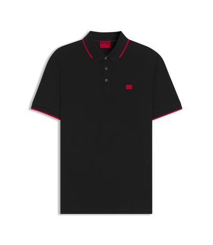 Hugo Cotton Piqu Slim Fit Polo Shirt With Red Logo Label Black