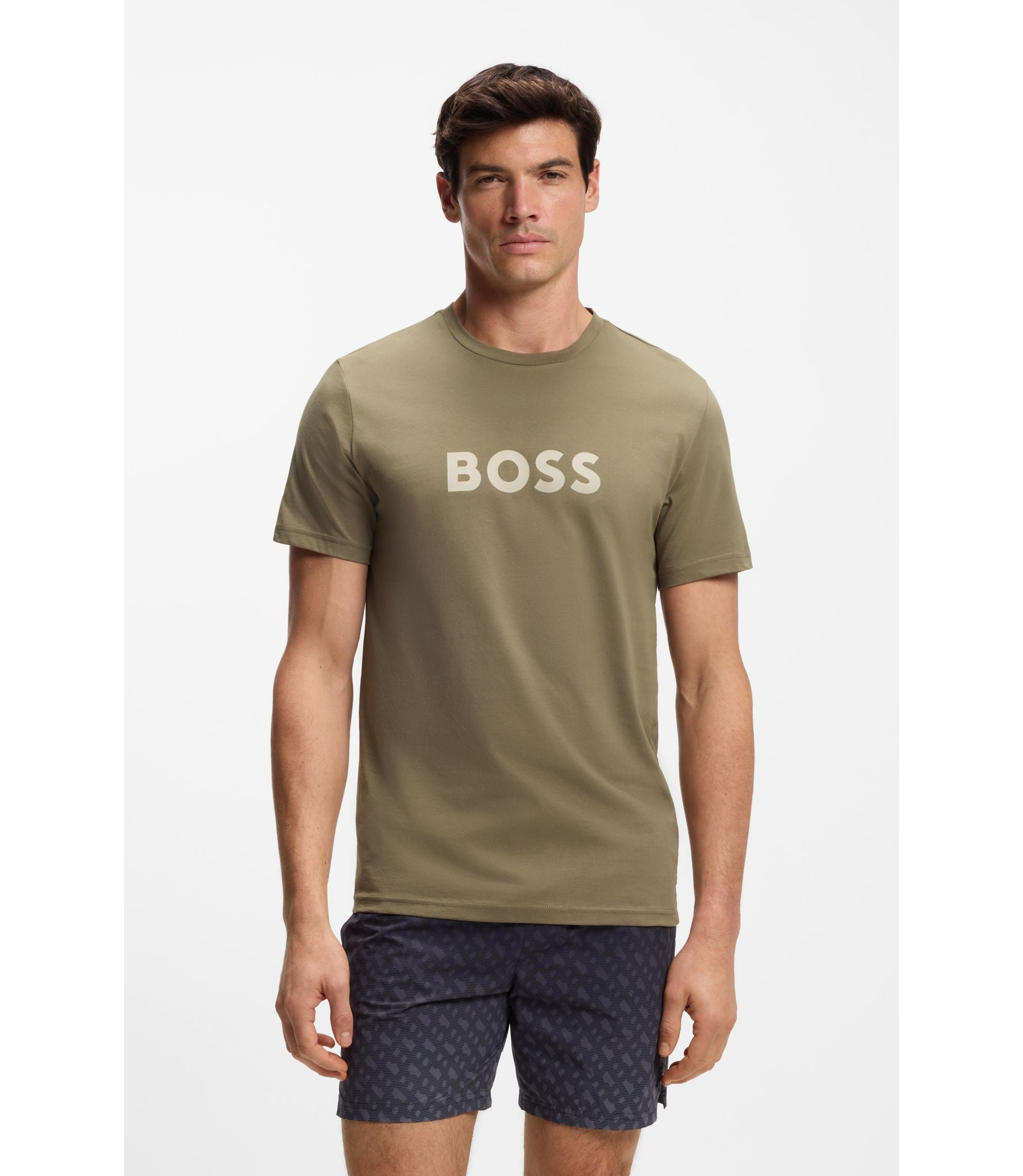 Boss Cotton Jersey T Shirt With Logo Print Light Brown