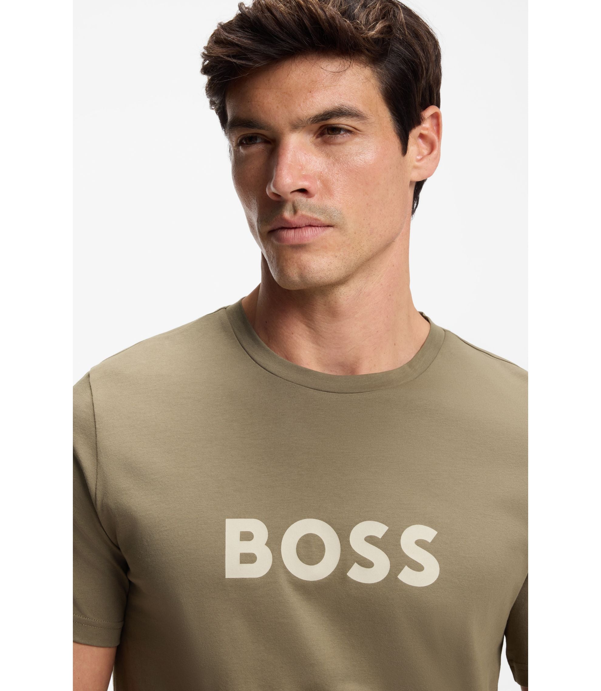 Boss Cotton Jersey T Shirt With Logo Print Light Brown