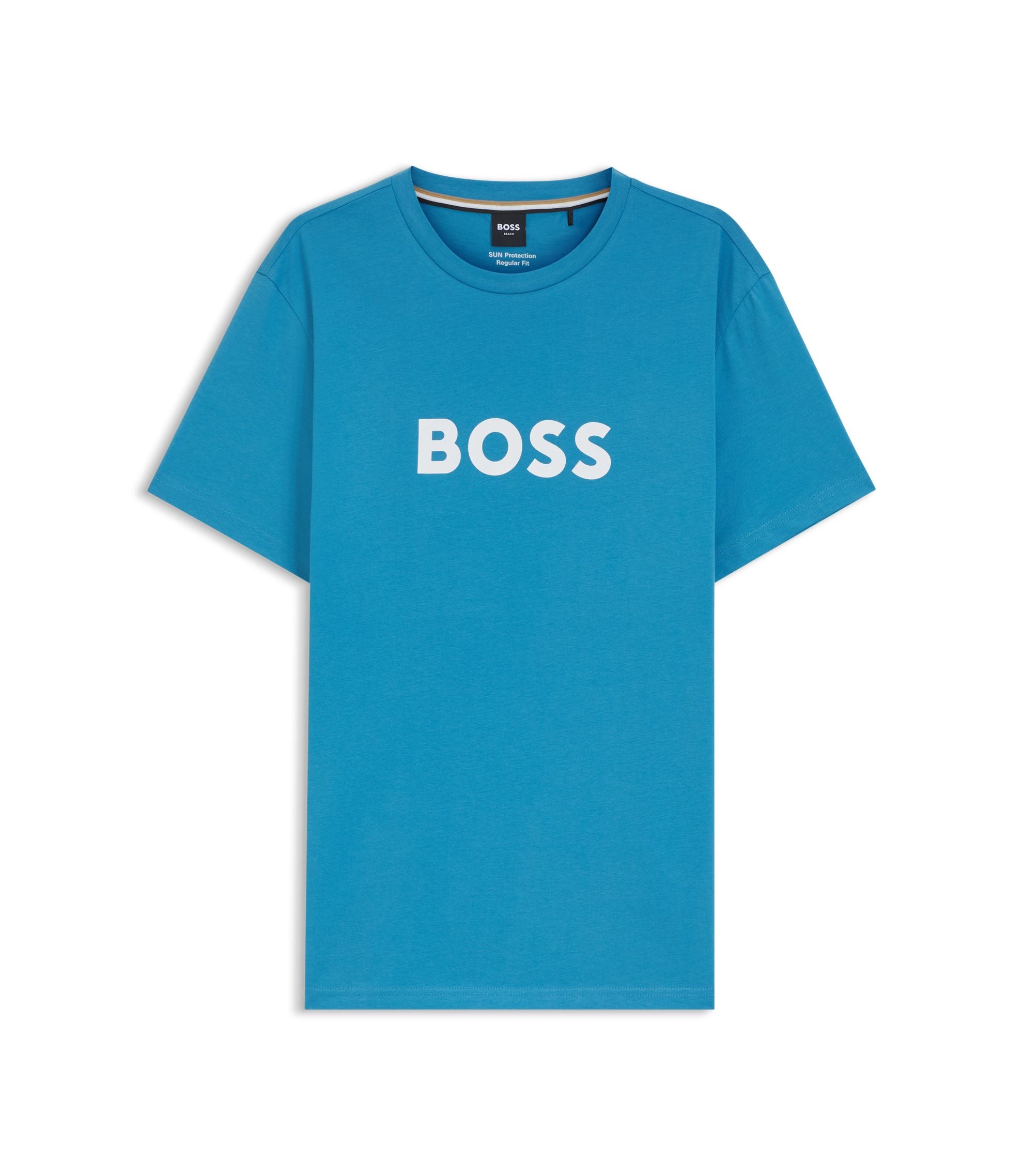 Boss Cotton Jersey T Shirt With Logo Print Turquoise