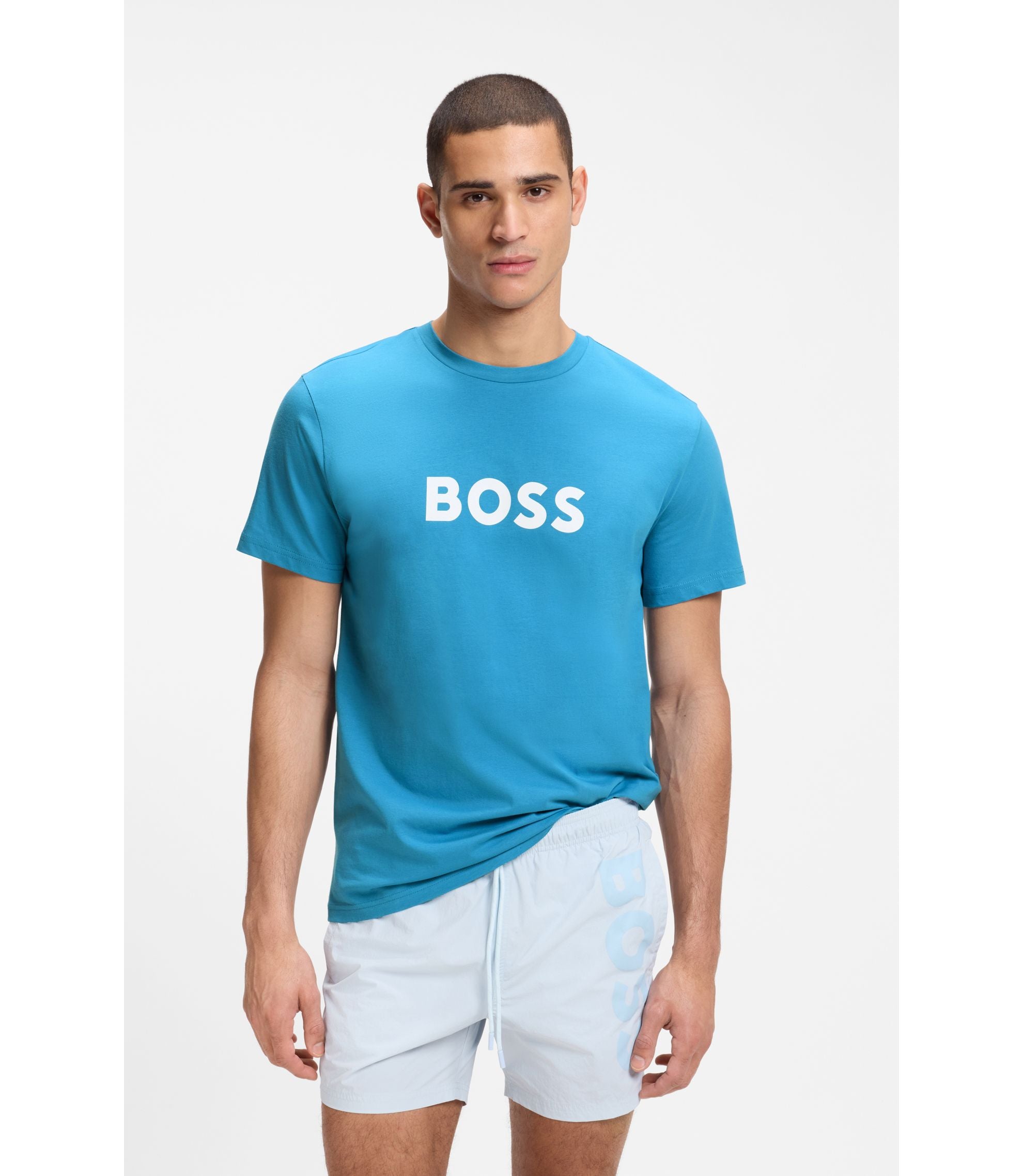Boss Cotton Jersey T Shirt With Logo Print Turquoise