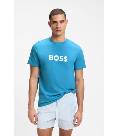 Boss Cotton Jersey T Shirt With Logo Print Turquoise