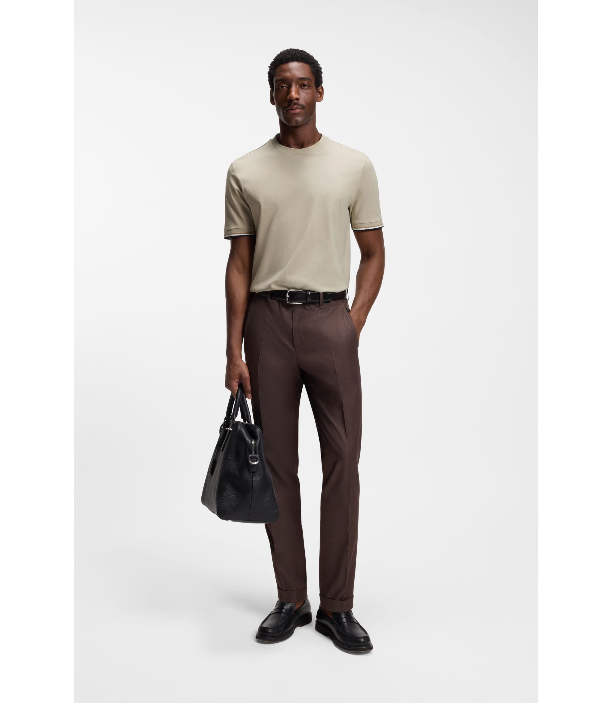 Boss Cotton Jersey T Shirt With Signature Stripe Cuffs Light Beige
