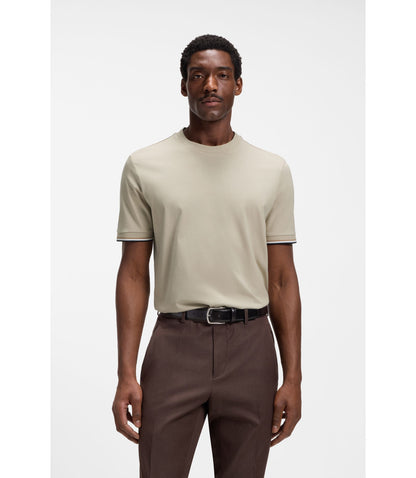 Boss Cotton Jersey T Shirt With Signature Stripe Cuffs Light Beige