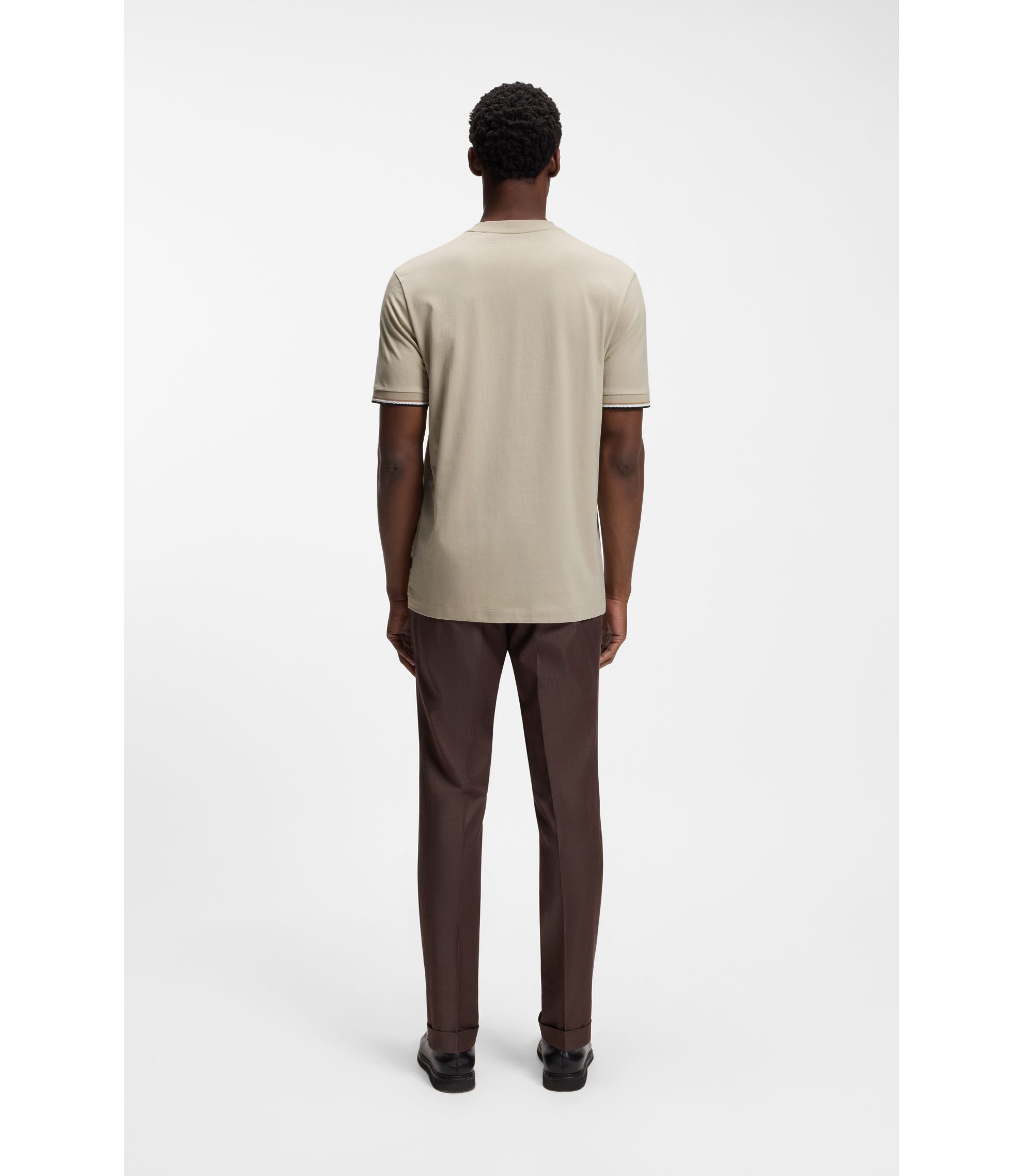 Boss Cotton Jersey T Shirt With Signature Stripe Cuffs Light Beige