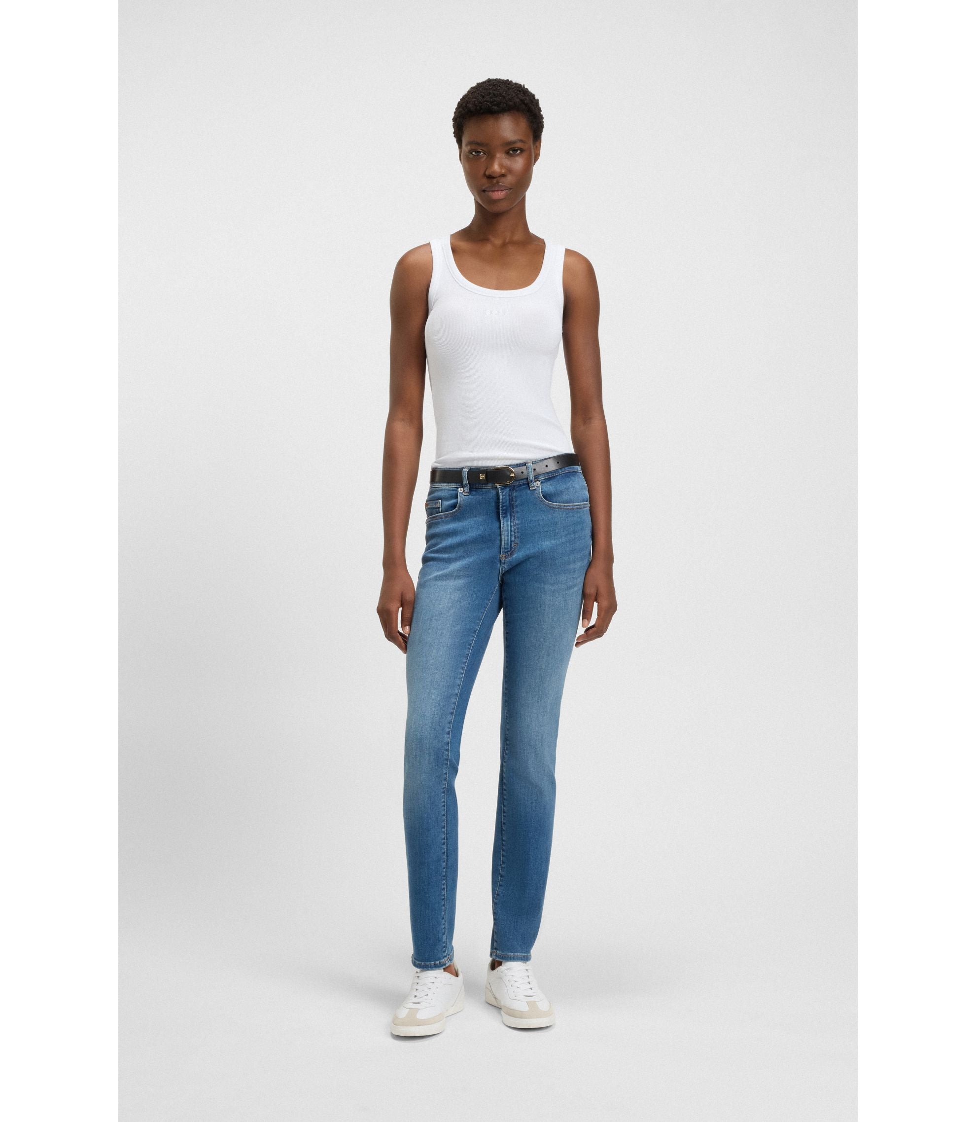 Boss Ribbed Top In Stretch Cotton White Women's