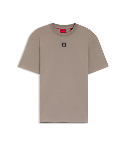 Hugo Interlock Cotton T Shirt With Metallic Stacked Logo Badge Light Brown