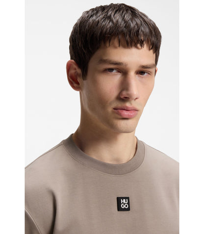 Hugo Interlock Cotton T Shirt With Metallic Stacked Logo Badge Light Brown