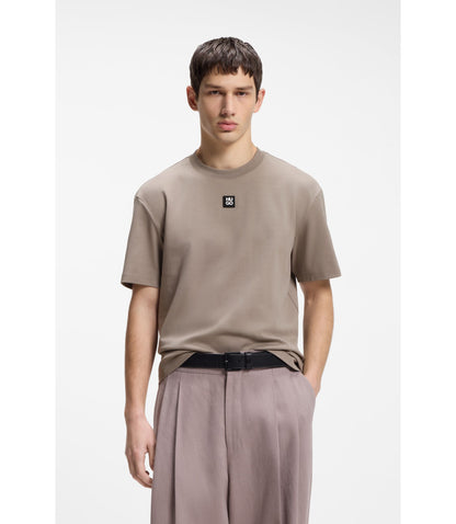 Hugo Interlock Cotton T Shirt With Metallic Stacked Logo Badge Light Brown