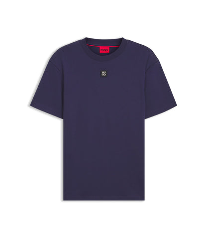 Hugo Interlock Cotton T Shirt With Metallic Stacked Logo Badge Dark Blue