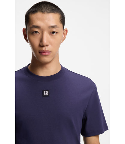 Hugo Interlock Cotton T Shirt With Metallic Stacked Logo Badge Dark Blue