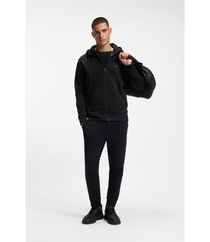 Boss Zip Up Hoodie In Stretch Cotton With Logo Print Black