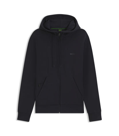Boss Zip Up Hoodie In Stretch Cotton With Logo Print Dark Blue
