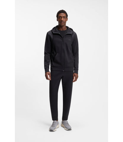 Boss Zip Up Hoodie In Stretch Cotton With Logo Print Dark Blue
