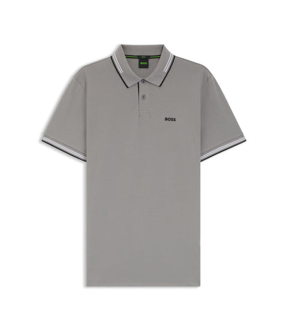 Boss Stretch Cotton Slim Fit Polo Shirt With Branding And Stripes Light Grey