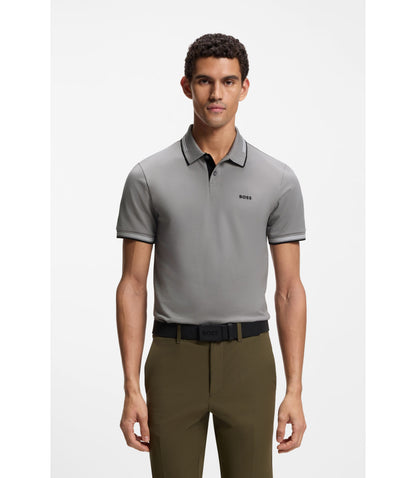 Boss Stretch Cotton Slim Fit Polo Shirt With Branding And Stripes Light Grey