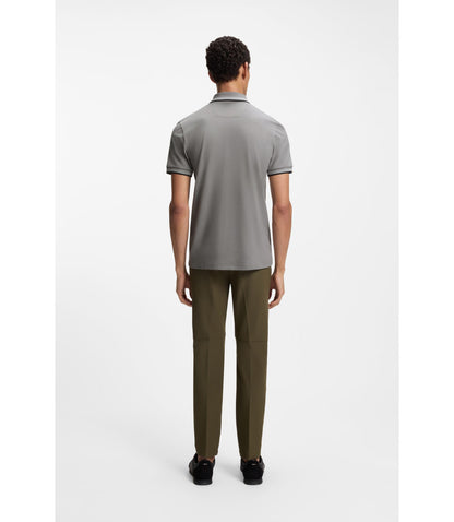 Boss Stretch Cotton Slim Fit Polo Shirt With Branding And Stripes Light Grey
