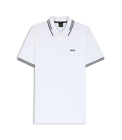 Boss Stretch Cotton Slim Fit Polo Shirt With Branding And Stripes White