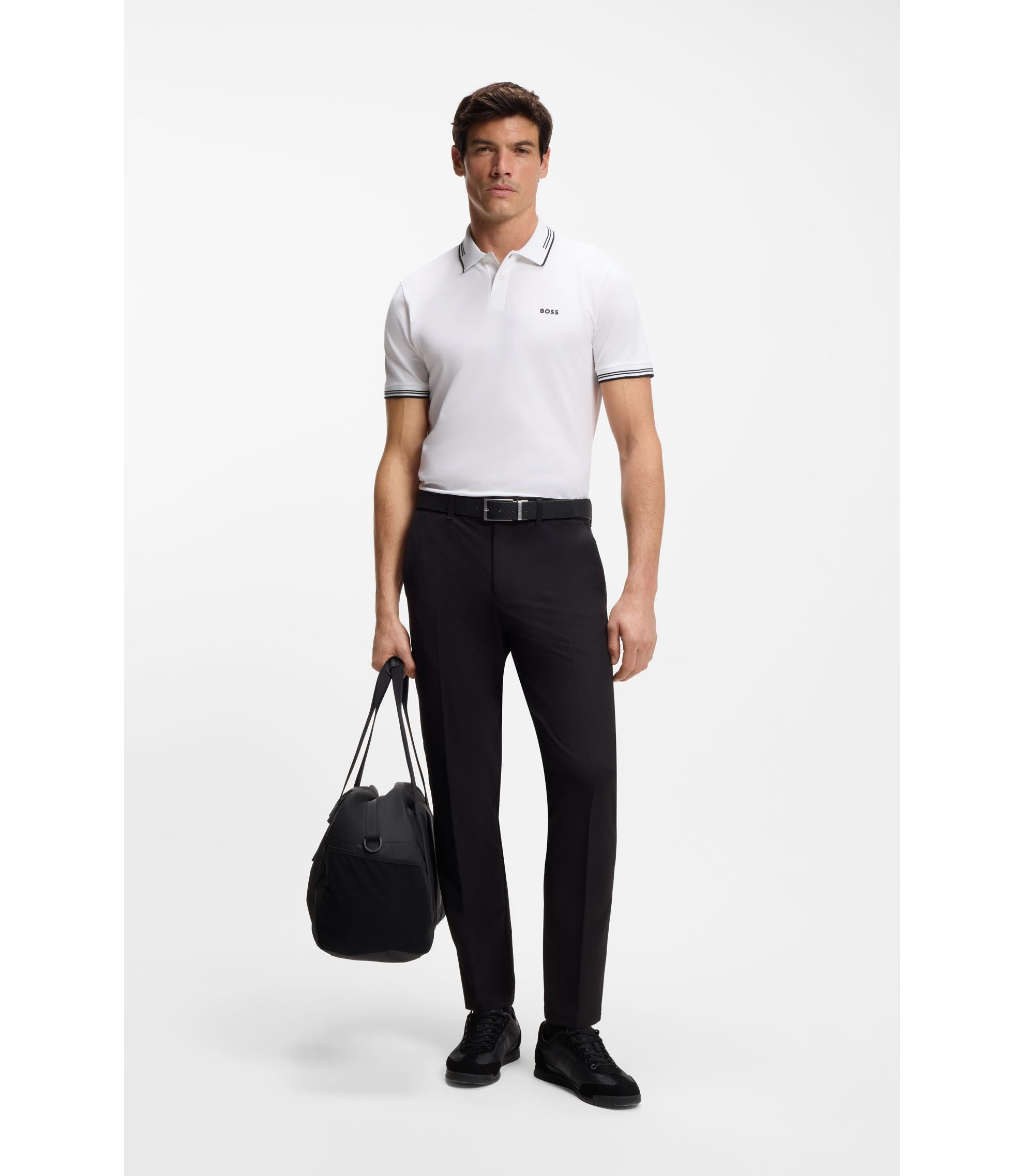 Boss Stretch Cotton Slim Fit Polo Shirt With Branding And Stripes White