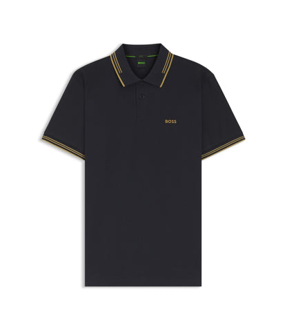 Boss Stretch Cotton Slim Fit Polo Shirt With Branding And Stripes Dark Blue
