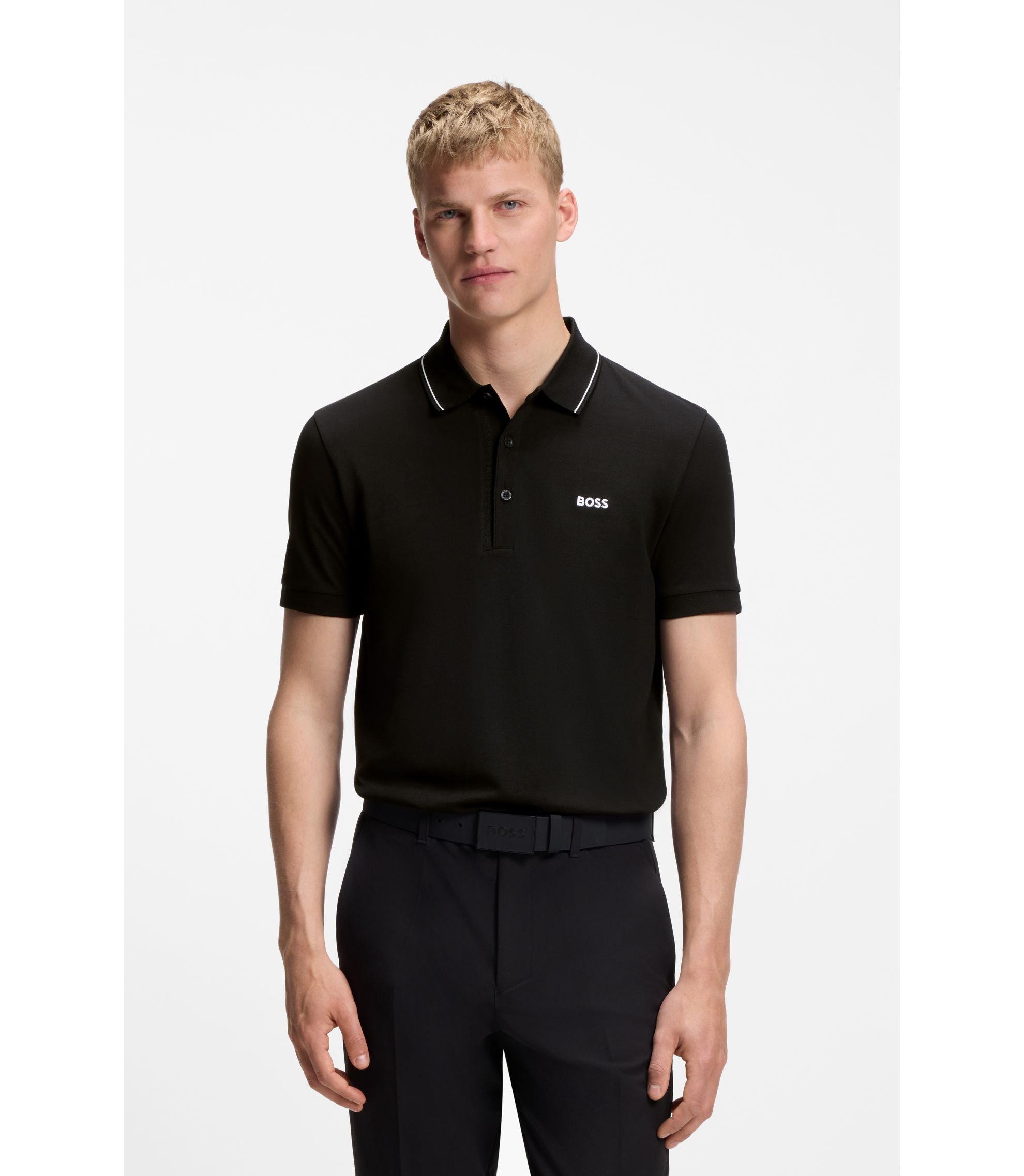 Boss Cotton Piqu Slim Fit Polo Shirt With A Collar Stripe Black