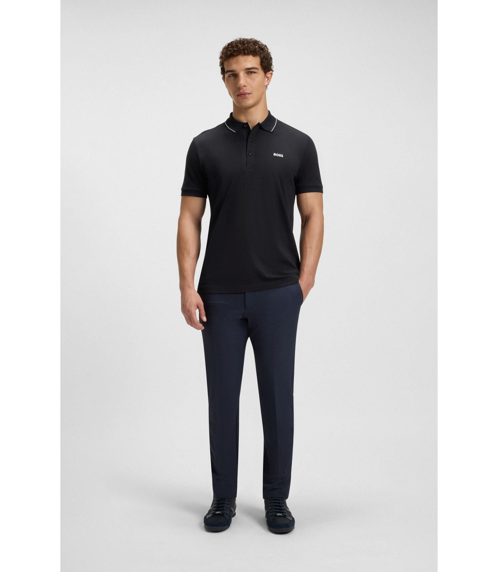 Boss Cotton Piqu Slim Fit Polo Shirt With A Collar Stripe Dark Blue