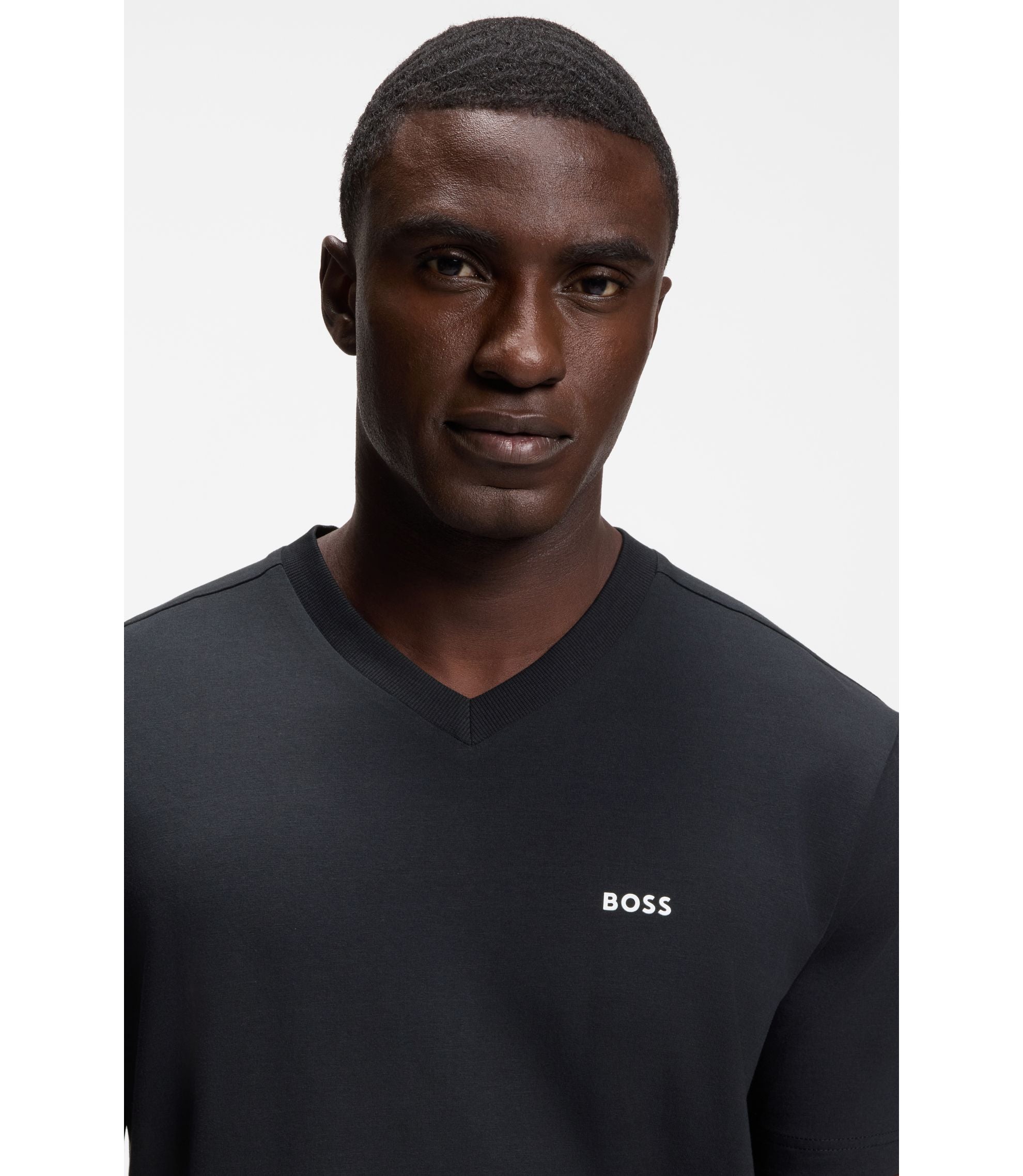 Boss Stretch Cotton Regular Fit T Shirt With Contrast Logo Dark Blue