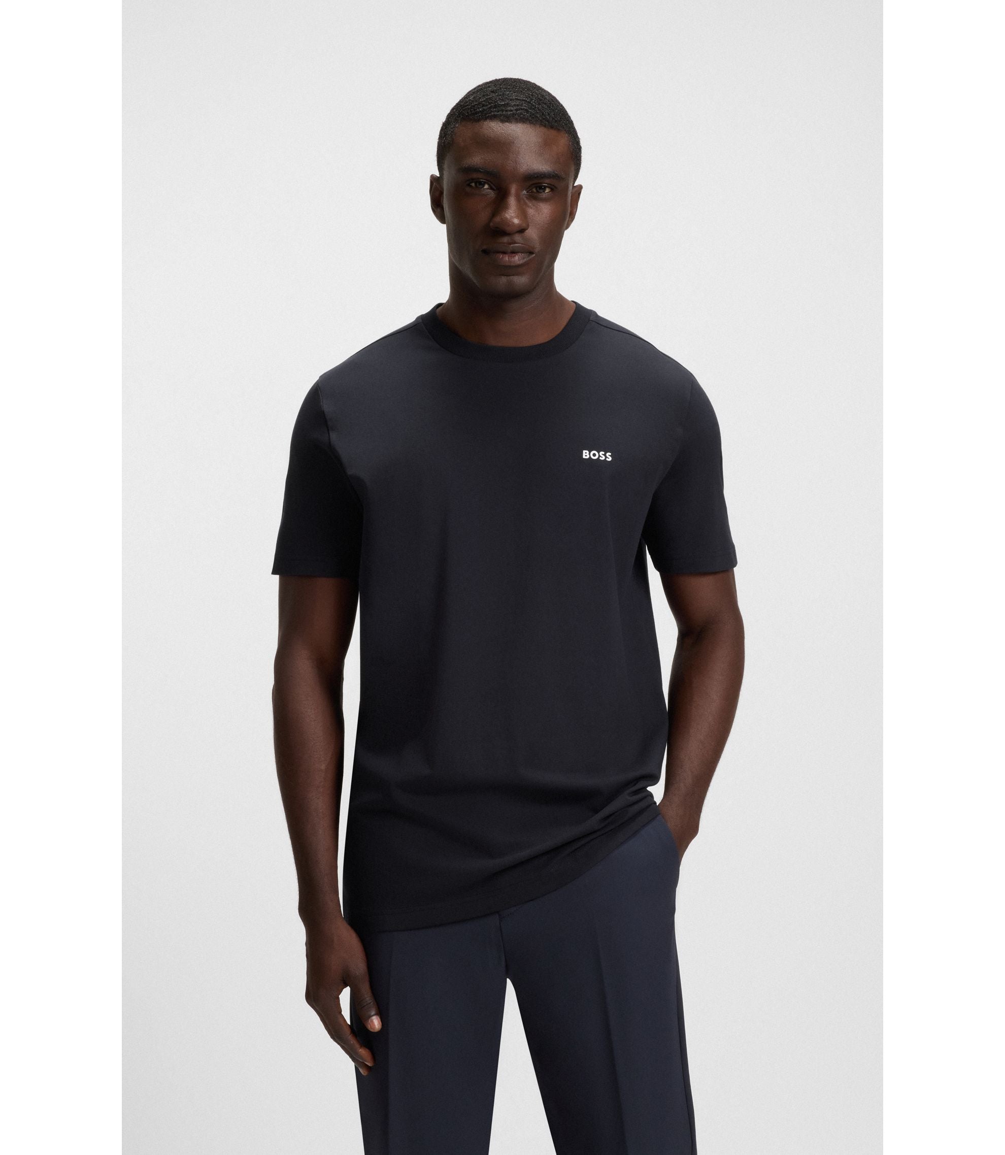 Boss Stretch Cotton T Shirt With Logo Detail Dark Blue
