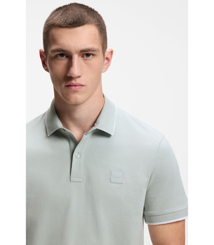 Boss Logo Patch Slim Fit Polo Shirt In Stretch Cotton Silver