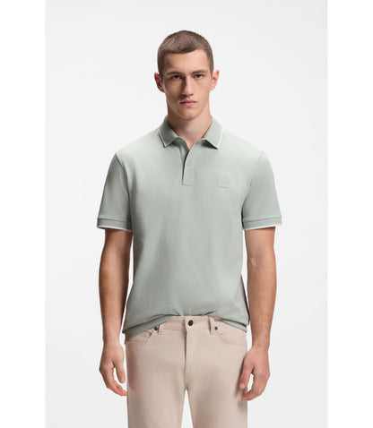 Boss Logo Patch Slim Fit Polo Shirt In Stretch Cotton Silver