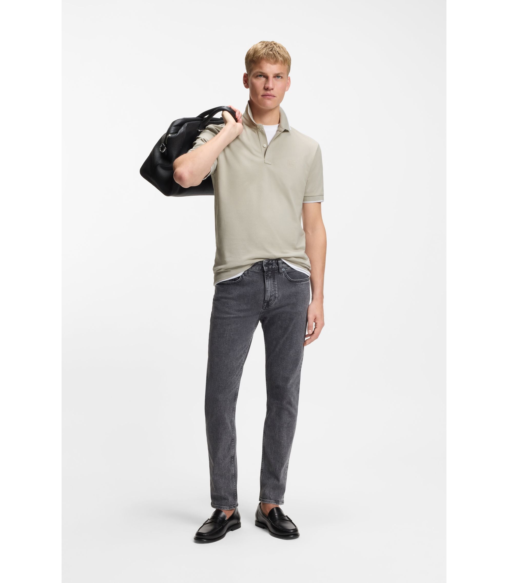 Boss Logo Patch Slim Fit Polo Shirt In Stretch Cotton Light Grey