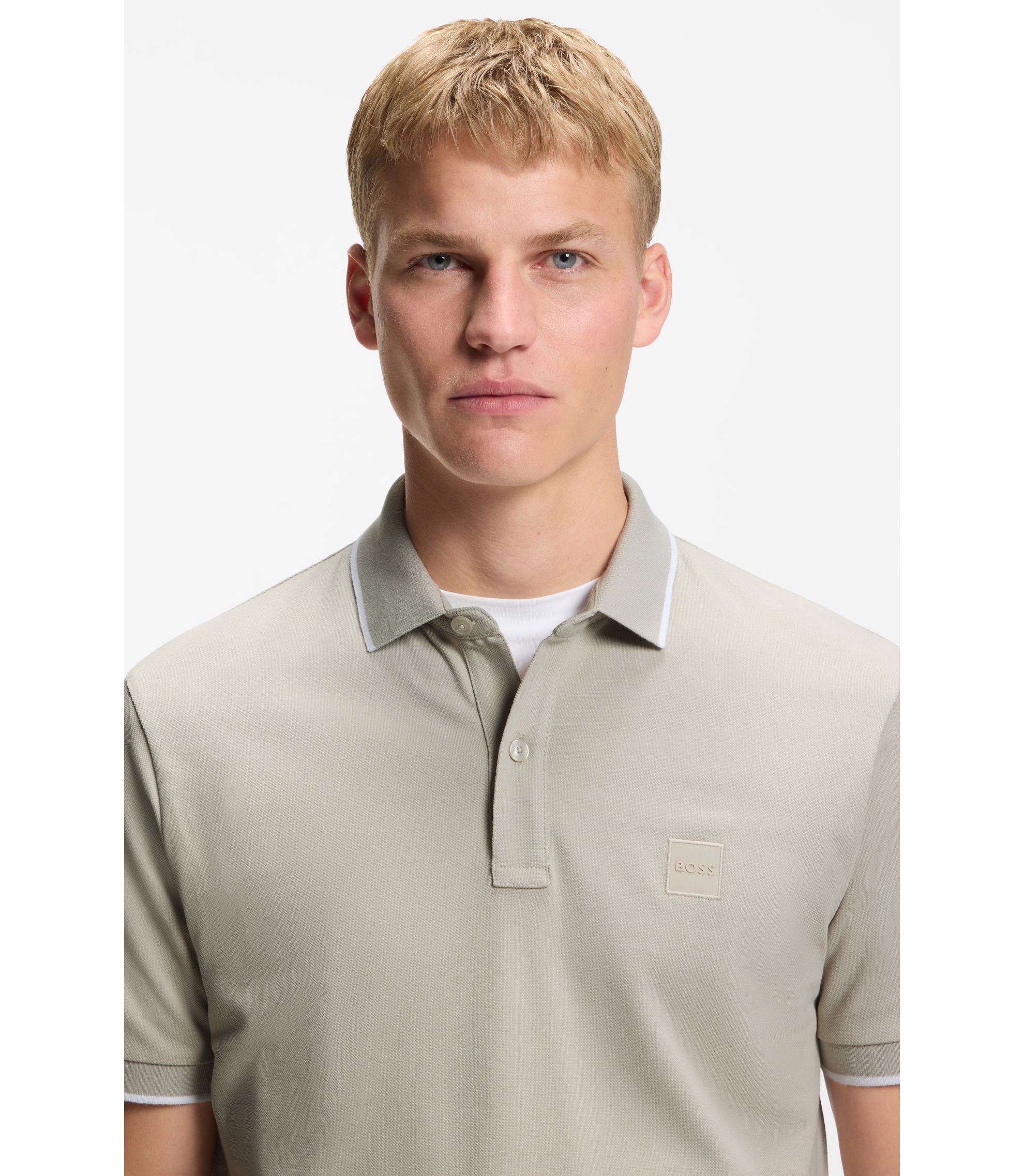 Boss Logo Patch Slim Fit Polo Shirt In Stretch Cotton Light Grey