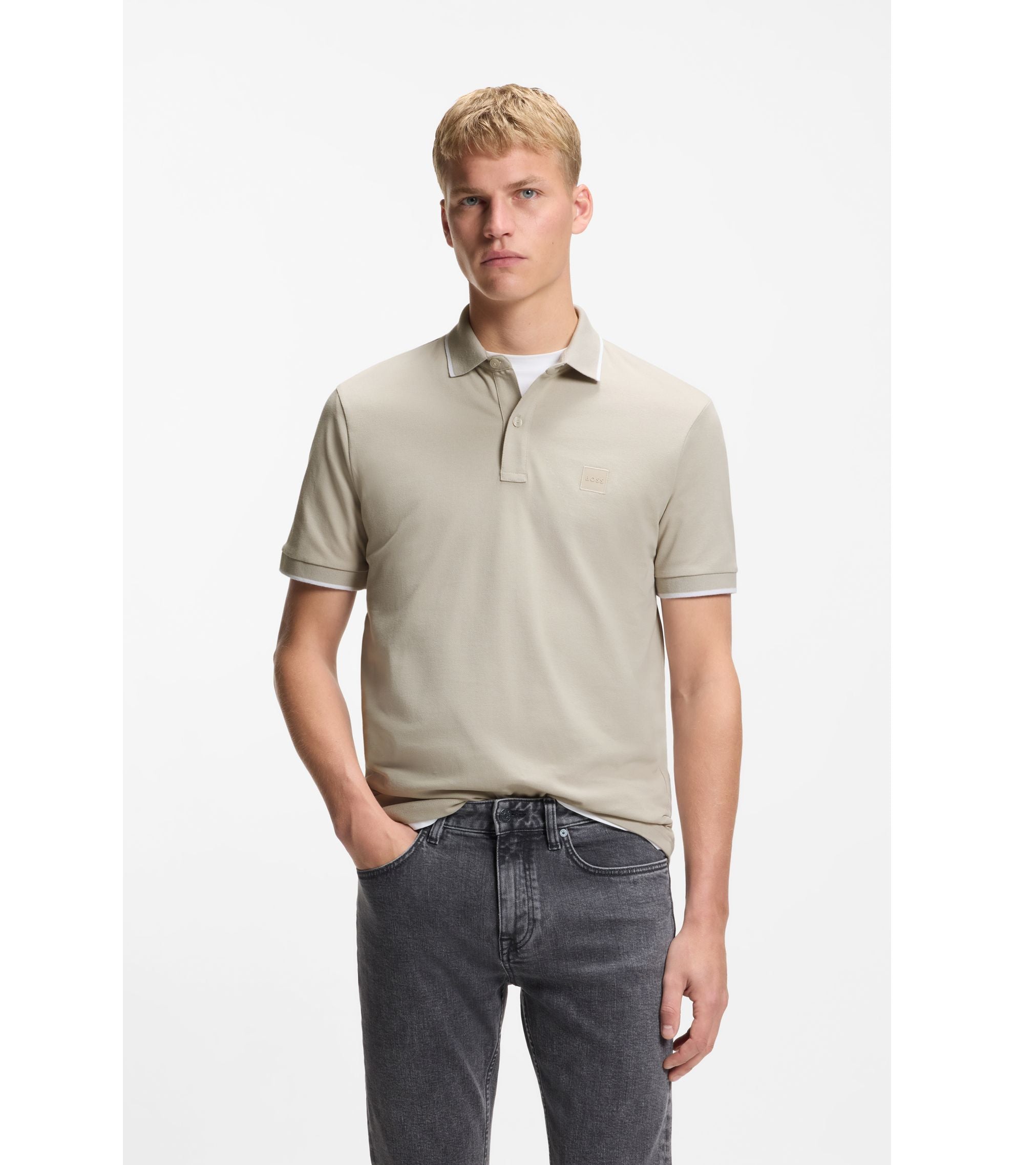 Boss Logo Patch Slim Fit Polo Shirt In Stretch Cotton Light Grey