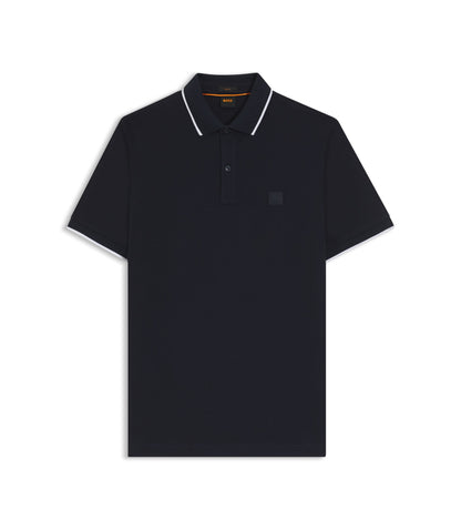 Boss Logo Patch Slim Fit Polo Shirt In Stretch Cotton Dark Blue