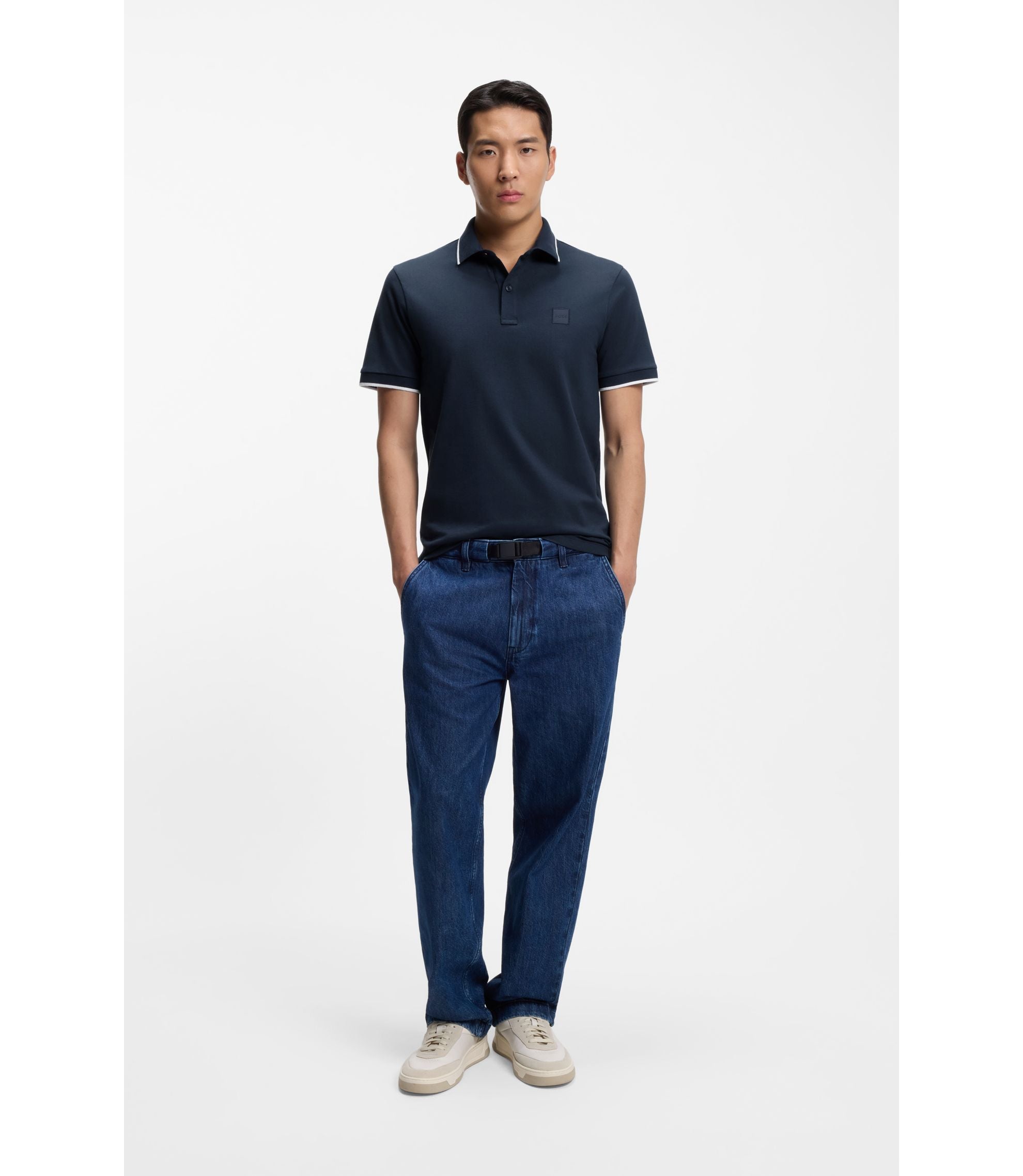 Boss Logo Patch Slim Fit Polo Shirt In Stretch Cotton Light Blue