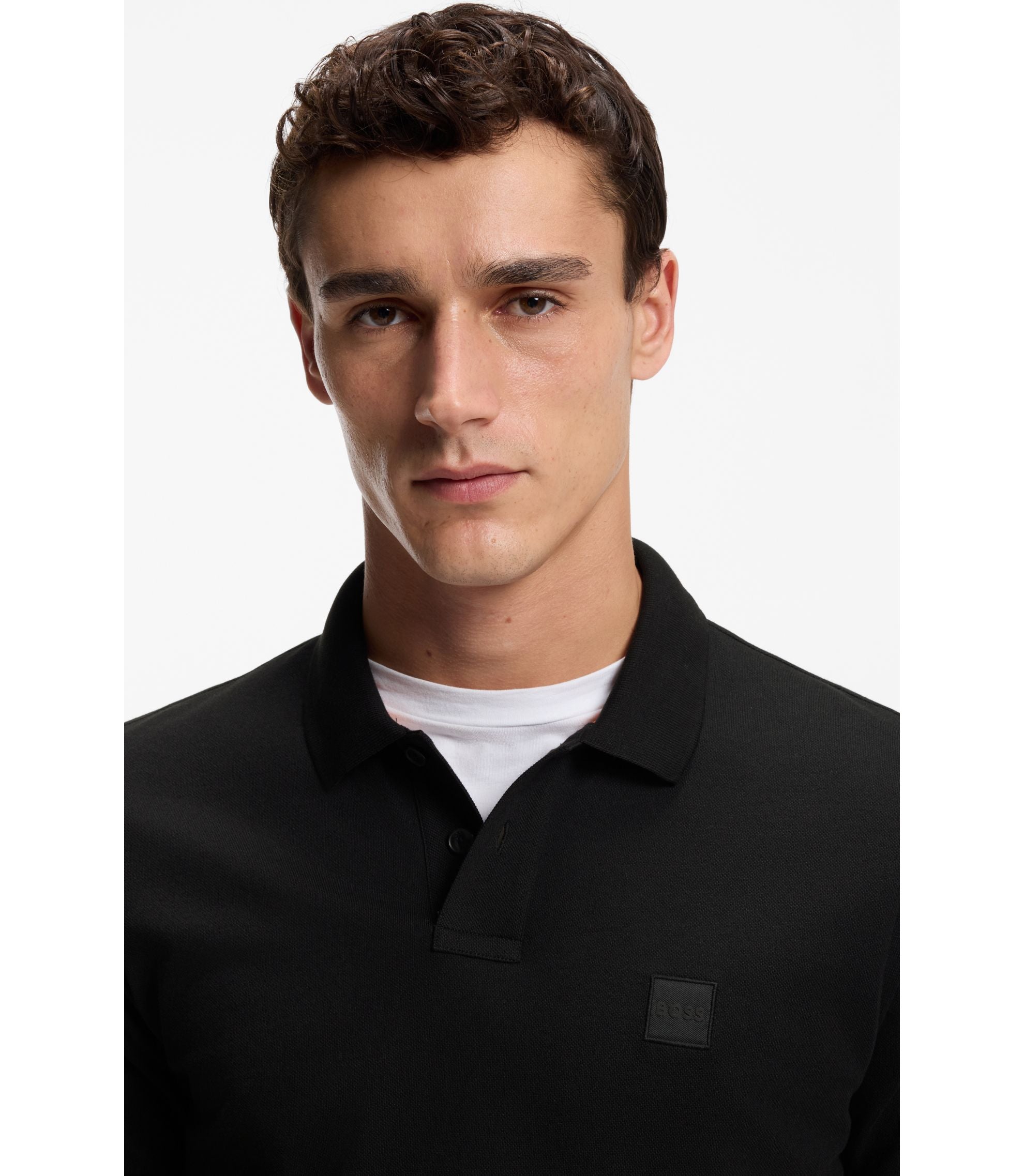 Boss Stretch Cotton Slim Fit Polo Shirt With Logo Patch Black