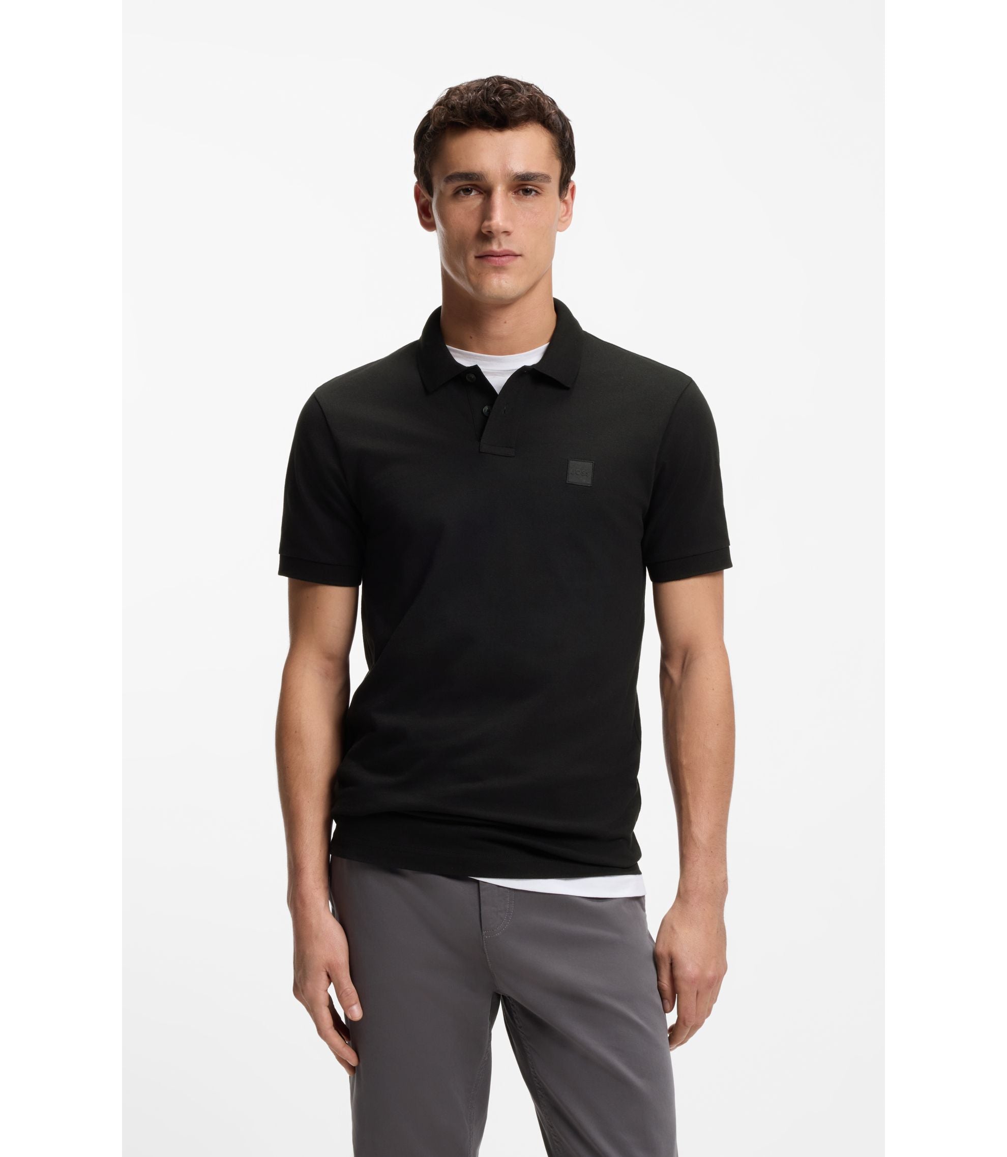 Boss Stretch Cotton Slim Fit Polo Shirt With Logo Patch Black