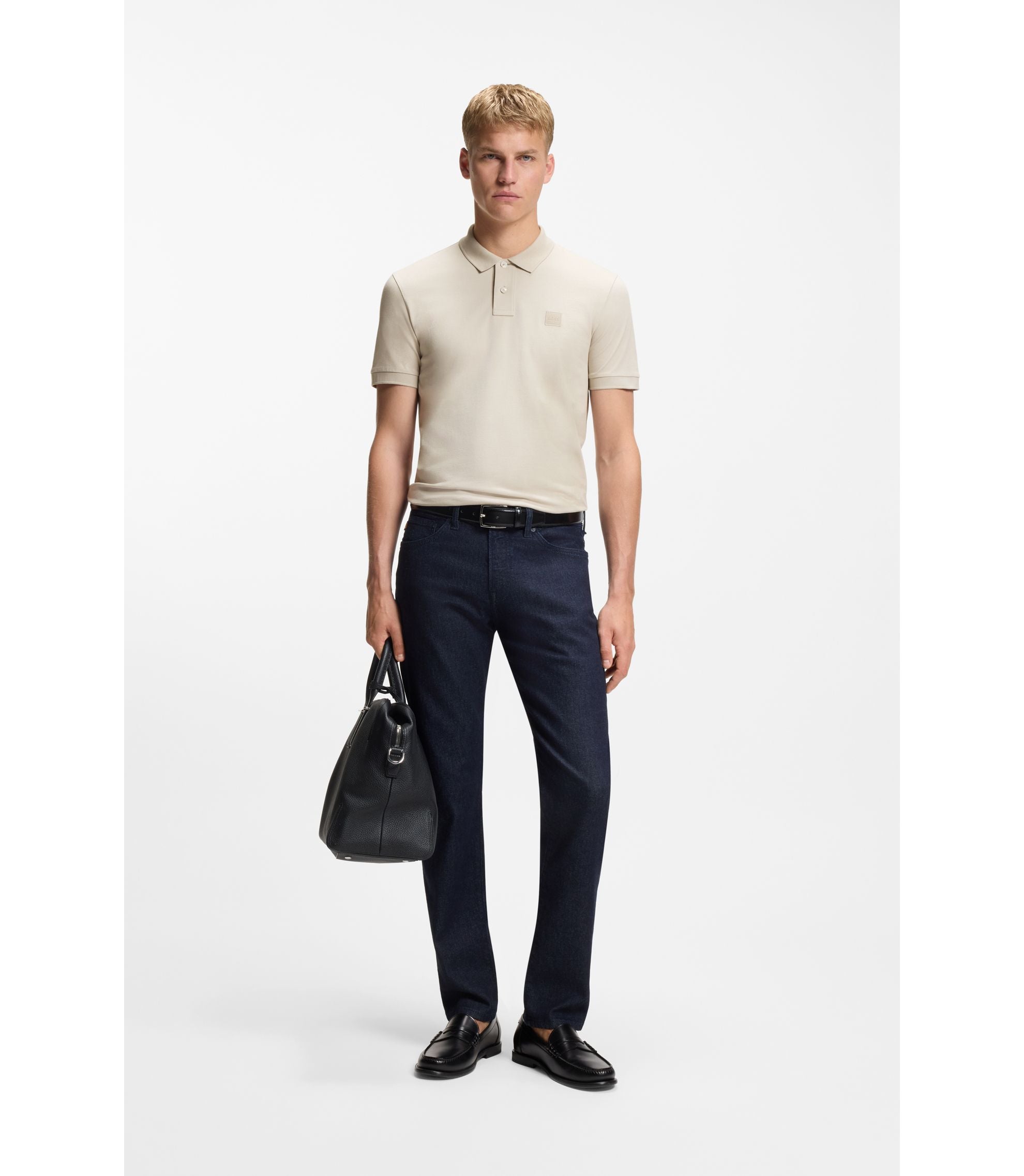 Boss Stretch Cotton Slim Fit Polo Shirt With Logo Patch Light Grey
